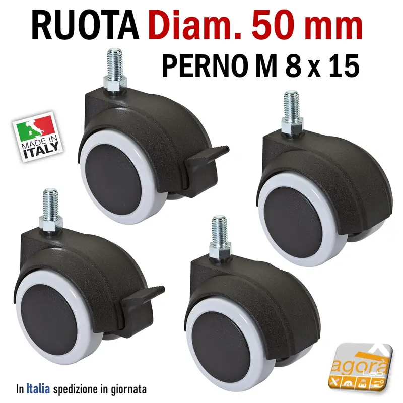RUOTE CON PERNO FILETTATO M 8 X 15MM RUOTA CON FRENO SENZA FRENO GIREVOLE D.50mm GRIGIA