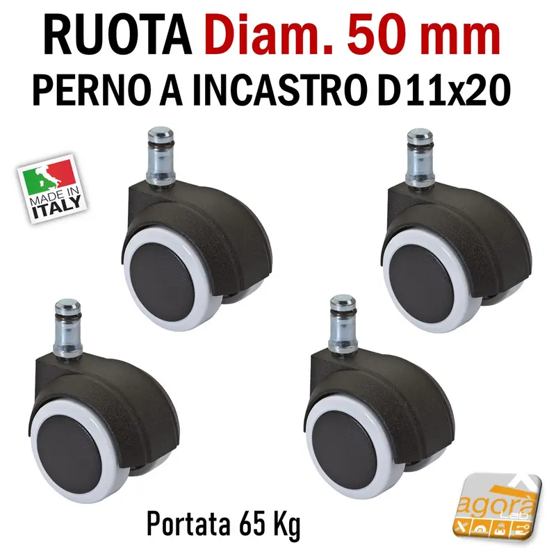 RUOTE CON PERNO LISCIO D11X20MM RUOTA GIREVOLE DOPPIA PER SEDIE D.50mm GRIGIA P.65KG 4PZ