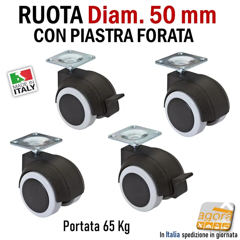 RUOTE CON PIASTRA FORATA RUOTA CON FRENO SENZA FRENO GIREVOLE D.50mm GRIGIA