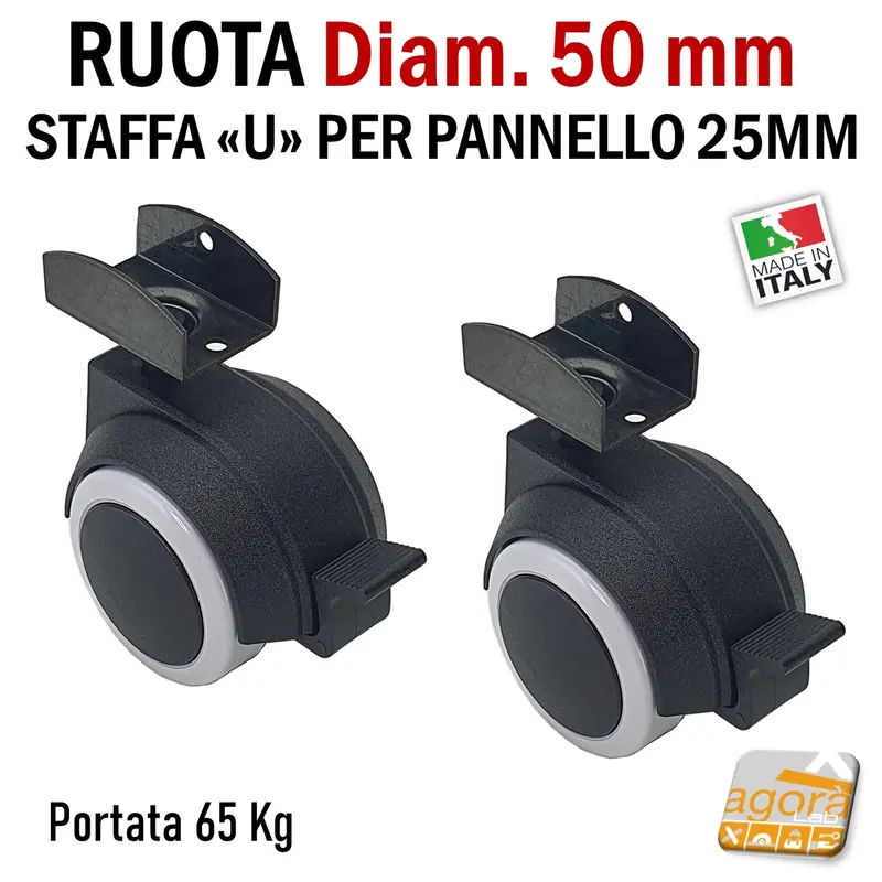 RUOTE CON STAFFA U X SPALLA 25MM RUOTA CON FRENO SENZA FRENO GIREVOLE D.50mm GRIGIA