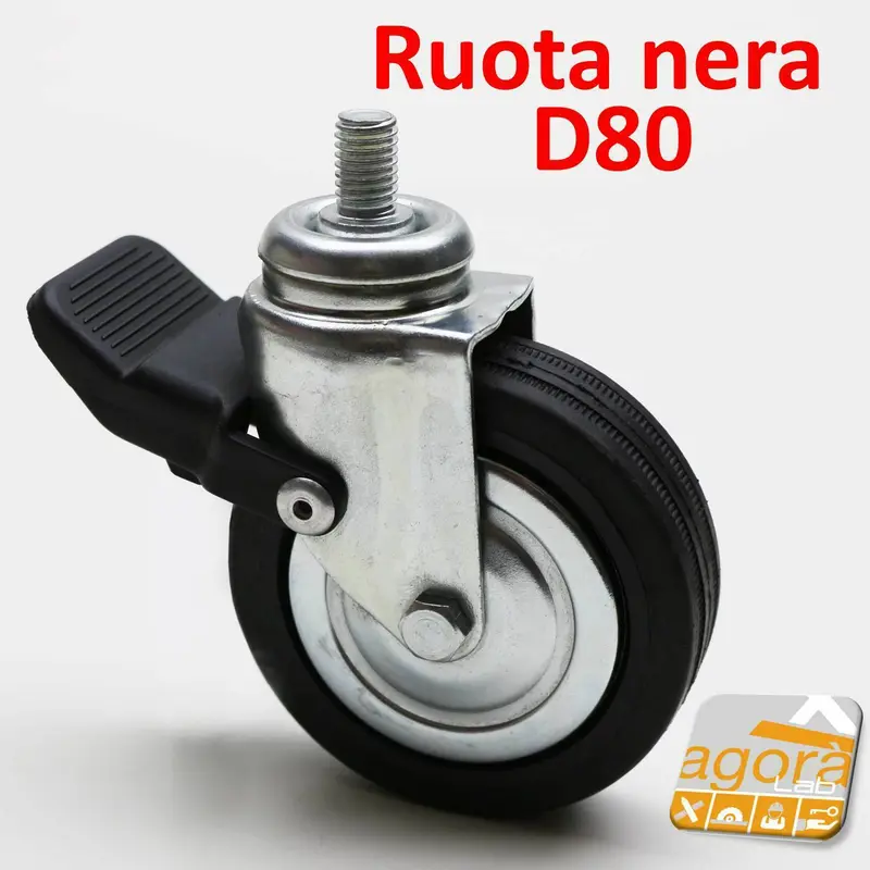 RUOTE RUOTA D80mm C/PERNO FILETTATO M10x15 C/FRENO CROMATA GIREVOLE ANTISCIVOLO
