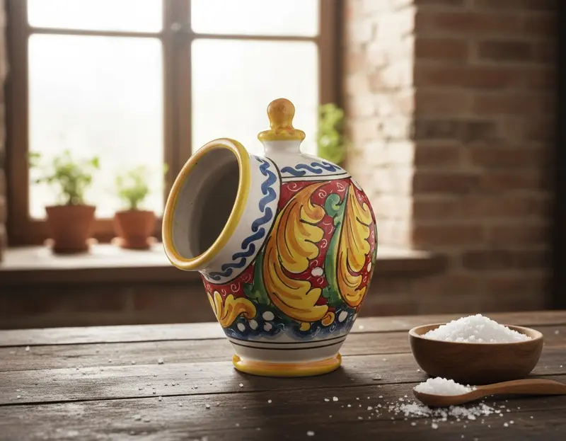 Saliera in ceramica decorata a mano da ceramisti siciliani fiore rosso art 15