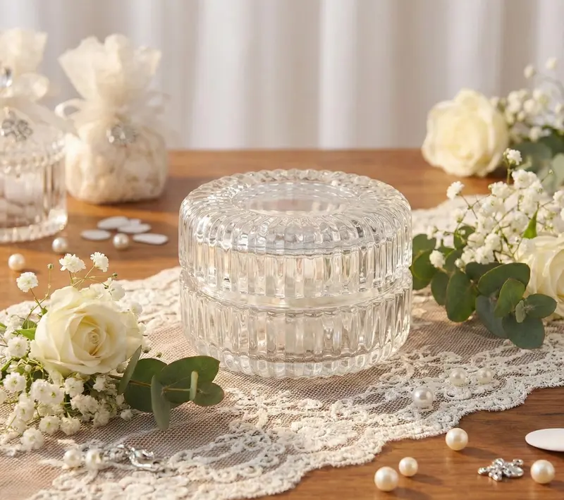 Scatolina in vetro tonda con righe bomboniera per matrimonio, comunione, cresima, Harmony SNVT25037
