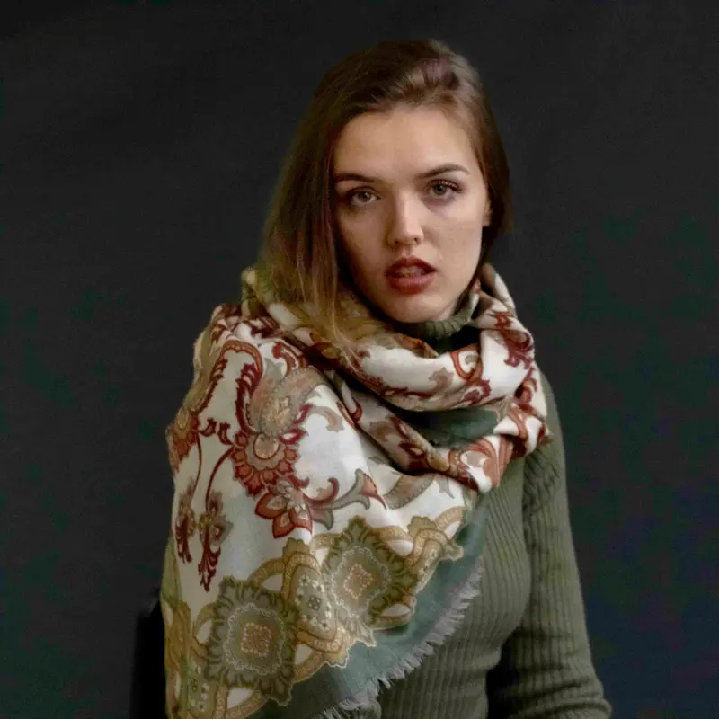 Scialle in pura Lana stampata disegno Cashmere Verde Cod 373