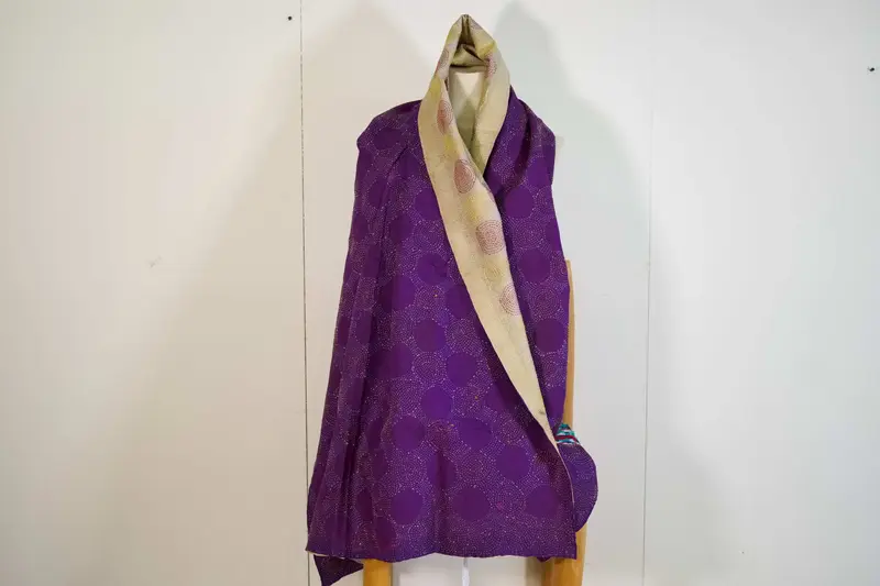 Scialle indiano in seta pura Kantha - Pezzo unico double face