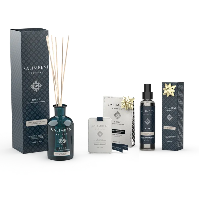 Seda e Musgo Branco 250ml + Cartões Perfumados para o Guarda Roupa (3 pcs) como TESTE GRATUITO + Perfume Room Spray 150 ml - Seda e Musgo Branco como TESTE GRATUITO