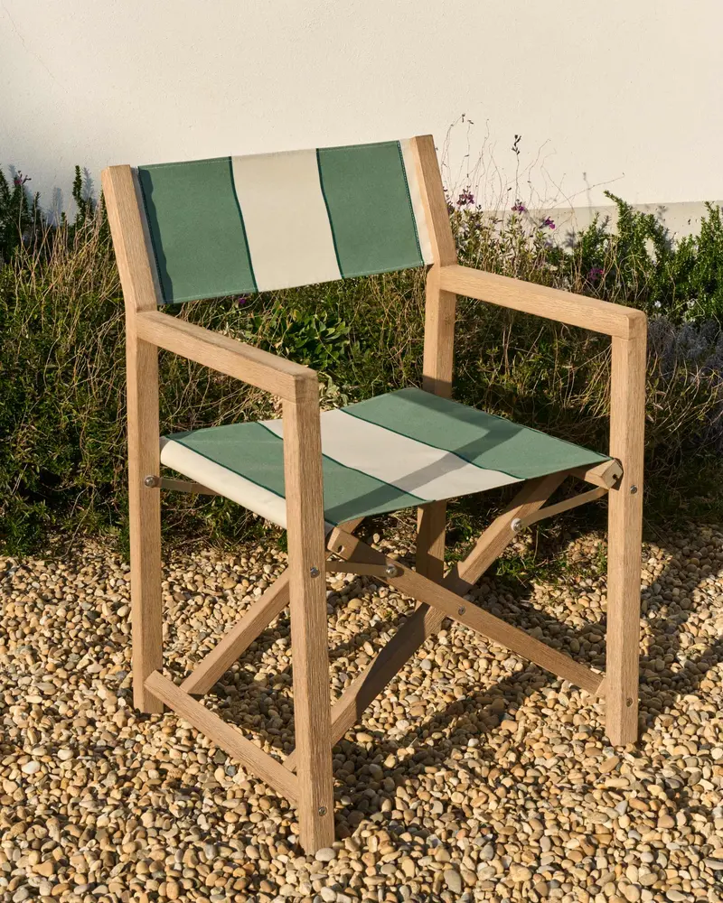 Sedia pieghevole da esterno Vilara a righe verdi e beige in legno massiccio di acacia