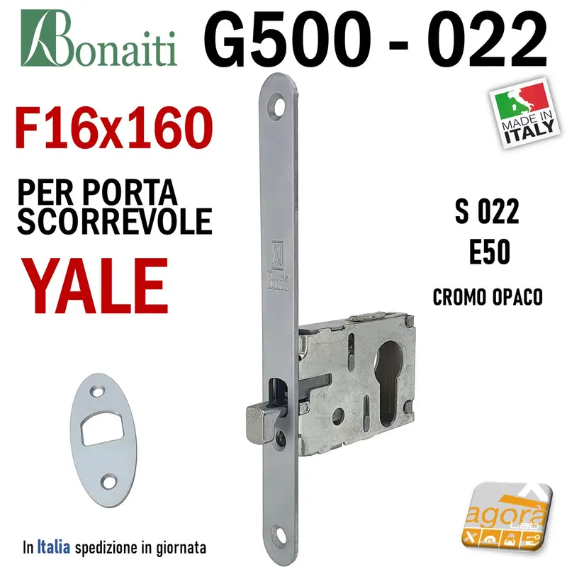 SERRATURA A GANCIO PORTA SCORREVOLE FRONTALE 16x160mm BONAITI 022 G500 X CILINDRO YALE CROMO OPACO E50