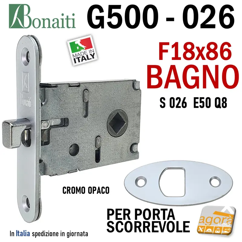 SERRATURA A GANCIO PORTA SCORREVOLE FRONTALE 18x86mm BONAITI 026 G500 X BAGNO WC MONETA LIBERO-OCCUPATO CROMO OPACO Q8 E50