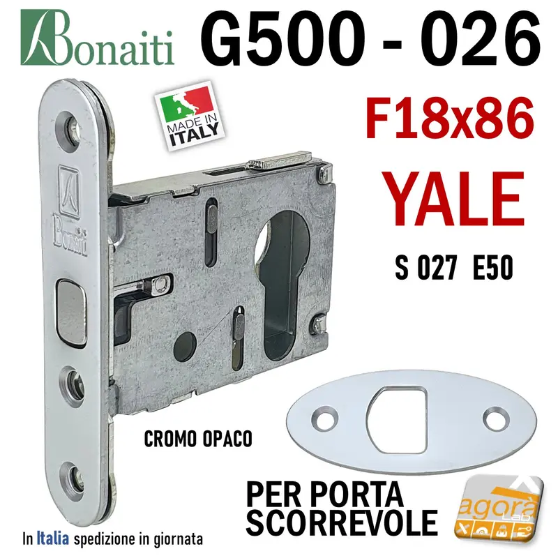 SERRATURA A GANCIO PORTA SCORREVOLE FRONTALE 18x86mm BONAITI 027 G500 X CILINDRO YALE CROMO OPACO E50