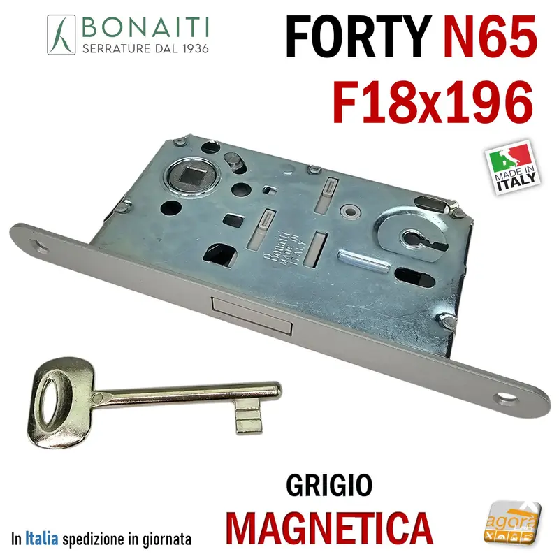 SERRATURA PATENT X PORTA MAGNETICA B-FORTY BONAITI N65 FRONTALE 18X196MM E50 I90 ARGENTO