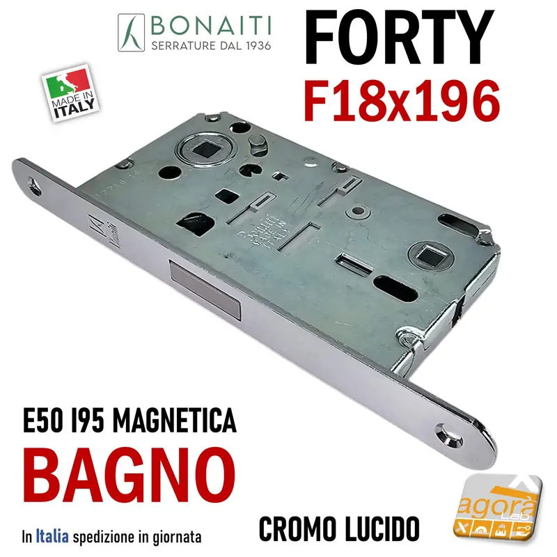 SERRATURA PORTA B- FORTY BONAITI N67 WC BAGNO FRONTALE 18X196MM E50 I95 CROMO LUCIDO MAGNETICA