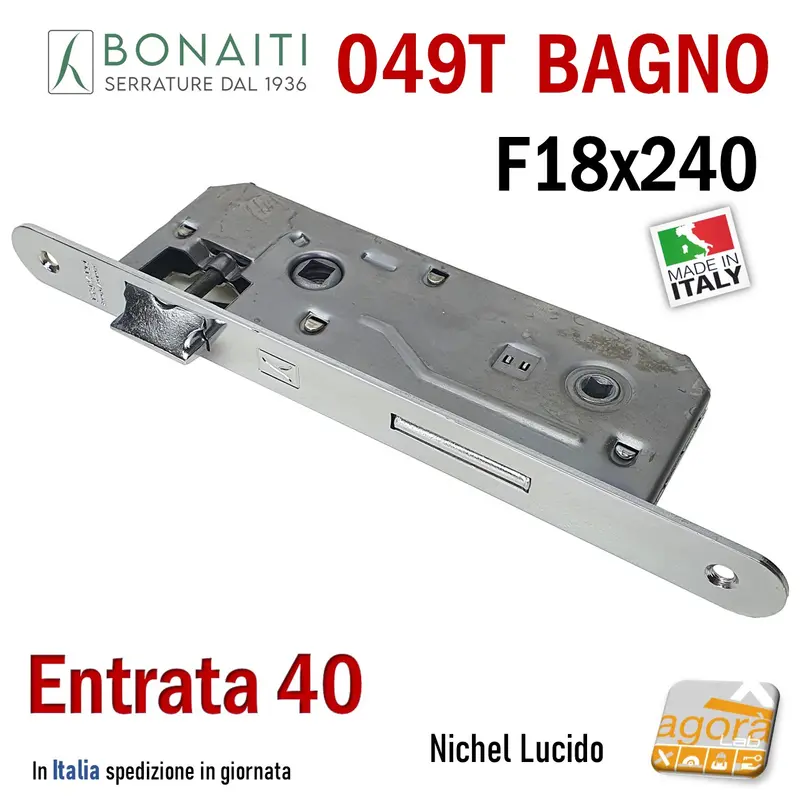 SERRATURA PORTA BAGNO FRONTALE 18x240mm BONAITI 049T-40 CROMO E40 I90 NICHEL