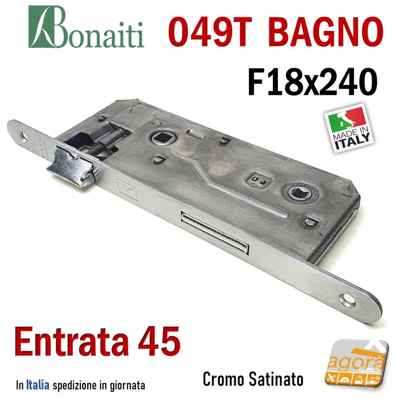 SERRATURA PORTA BAGNO FRONTALE 18x240mm BONAITI 049T-45 CROMO E45 I90 NICHEL