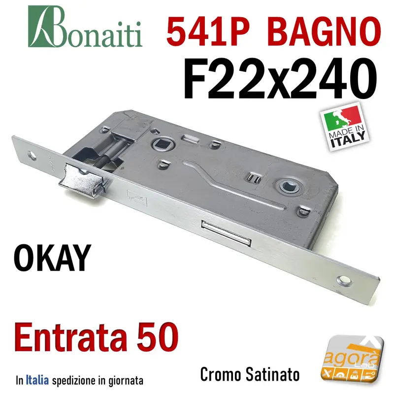 SERRATURA PORTA BAGNO FRONTALE QUADRO 22x240mm OKAY BONAITI 541P CROMO SAT E50 I90 PATENT GRANDE