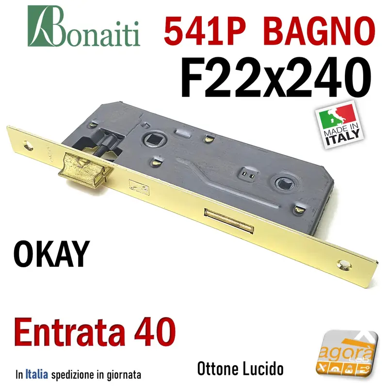 SERRATURA PORTA BAGNO FRONTALE QUADRO 22x240mm OKAY BONAITI 541P OTTONE E40 I90 PATENT GRANDE