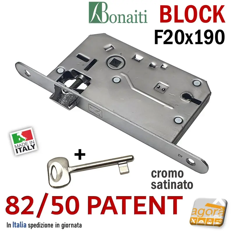 SERRATURA PORTA BONAITI BLOCK 82 /50 CHIAVE PATENT FRONTALE 20X190MM E50 I70 CROMO SATINATO MECCANICA