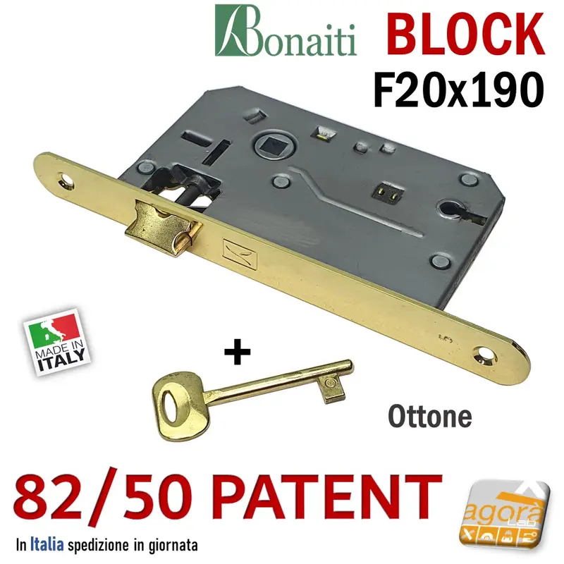SERRATURA PORTA BONAITI BLOCK 82 /50 CHIAVE PATENT FRONTALE 20X190MM E50 I70 OTTONE LUCIDO MECCANICA