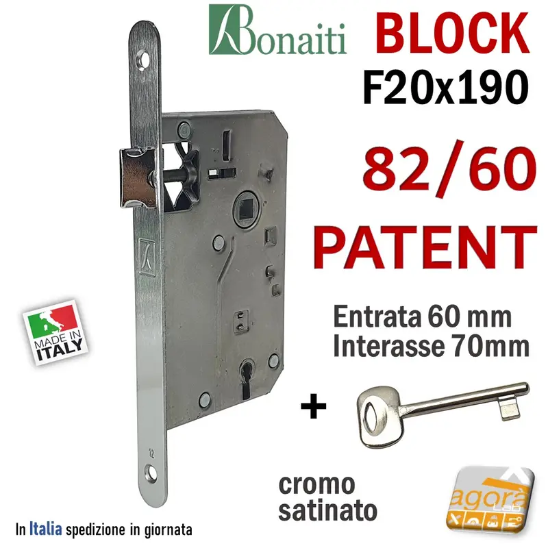 SERRATURA PORTA BONAITI BLOCK 82 /60 CHIAVE PATENT FRONTALE 20X190MM E60 I70 CROMO SATINATO MECCANICA