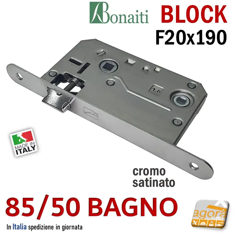 SERRATURA PORTA BONAITI BLOCK 85 /50 WC BAGNO FRONTALE 20X190MM E50 I70 CROMO SATINATO MECCANICA