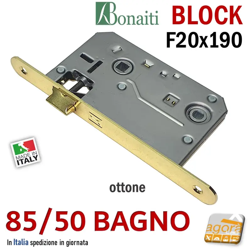 SERRATURA PORTA BONAITI BLOCK 85 /50 WC BAGNO FRONTALE 20X190MM E50 I70 OTTONE LUCIDO MECCANICA