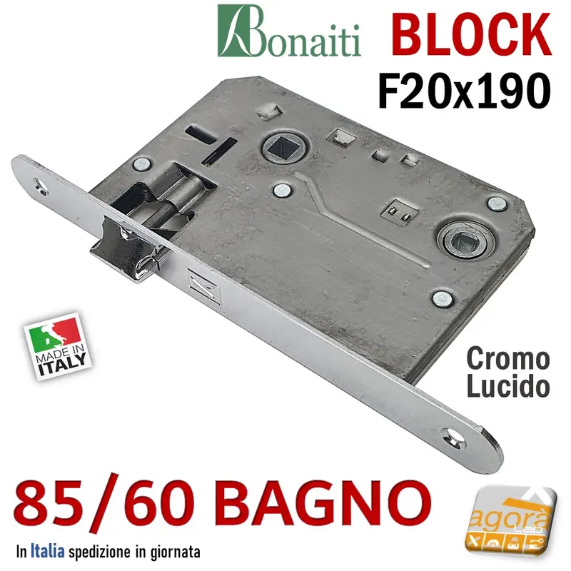 SERRATURA PORTA BONAITI BLOCK 85 /60 WC BAGNO FRONTALE 20X190MM E50 I70 CROMO LUCIDO MECCANICA