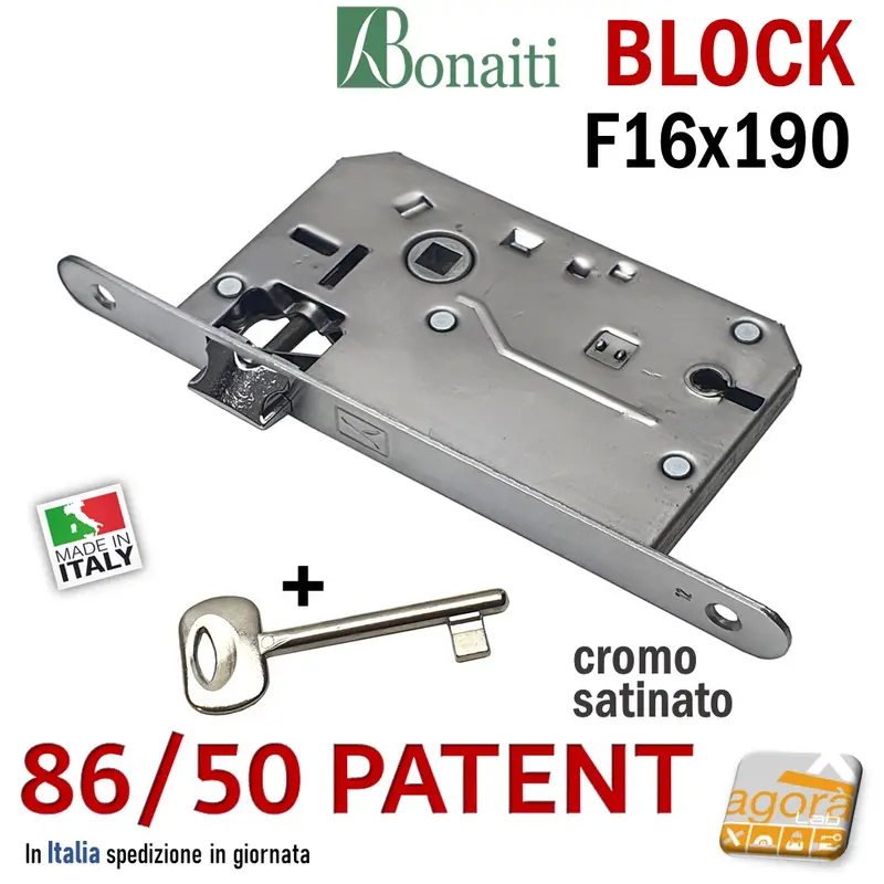 SERRATURA PORTA BONAITI BLOCK 86 /50 CHIAVE PATENT FRONTALE 16X190MM E50 I70 CROMO SATINATO MECCANICA