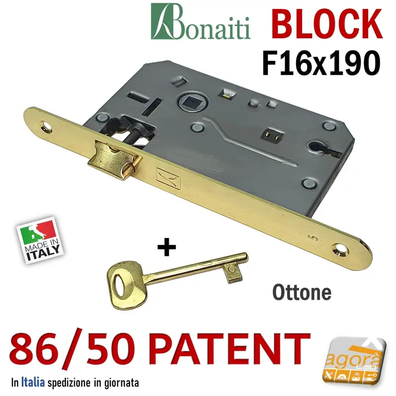 SERRATURA PORTA BONAITI BLOCK 86 /50 CHIAVE PATENT FRONTALE 16X190MM E50 I70 OTTONE LUCIDO MECCANICA