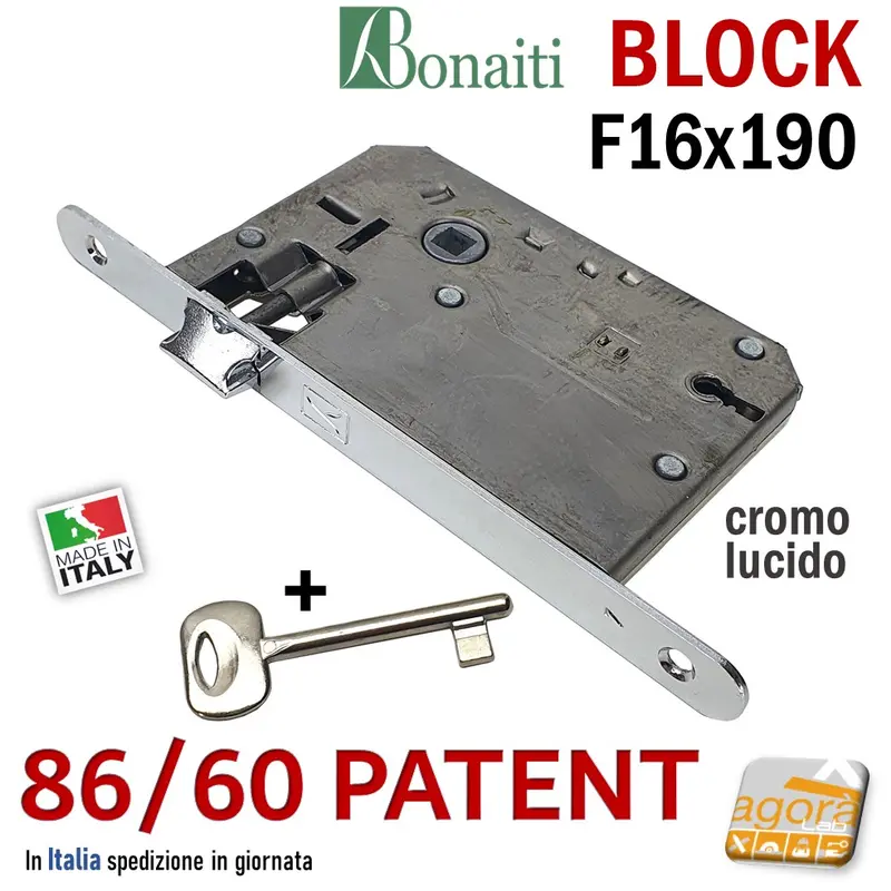 SERRATURA PORTA BONAITI BLOCK 86 /60 CHIAVE PATENT FRONTALE 16X190MM E60 I70 CROMO SAT LUCIDO MECCANICA