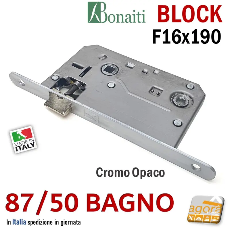SERRATURA PORTA BONAITI BLOCK 87 /50 WC BAGNO FRONTALE 16X190MM E50 I70 CROMO OPACO MECCANICA