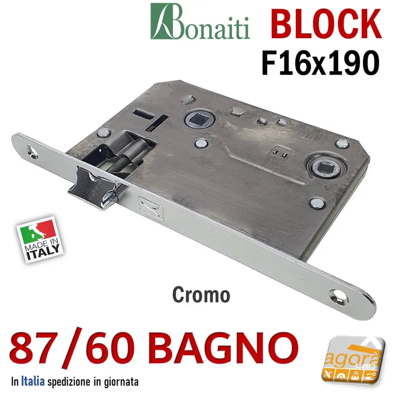SERRATURA PORTA BONAITI BLOCK 87 /60 WC BAGNO FRONTALE 16X190MM E60 I70 CROMO MECCANICA