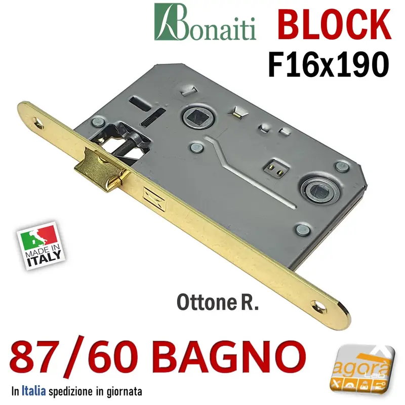SERRATURA PORTA BONAITI BLOCK 87 /60 WC BAGNO FRONTALE 16X190MM E60 I70 OTTONE MECCANICA