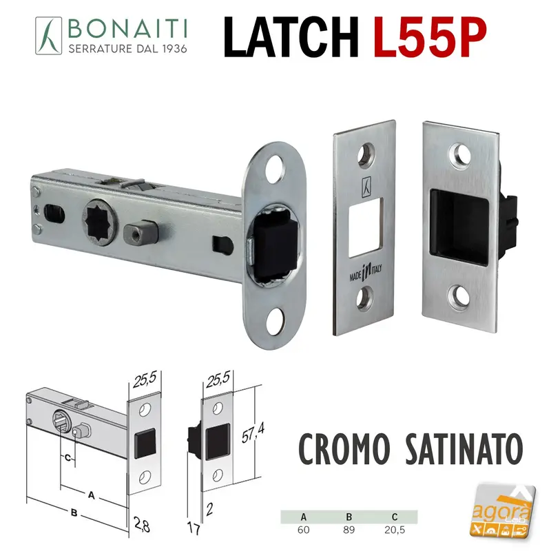 SERRATURA PORTA BONAITI LATCH L55P 12 PRIVACY ANTIPANICO BORDO QUADRO FRONTALE 26x57 E60 CROMO SAT