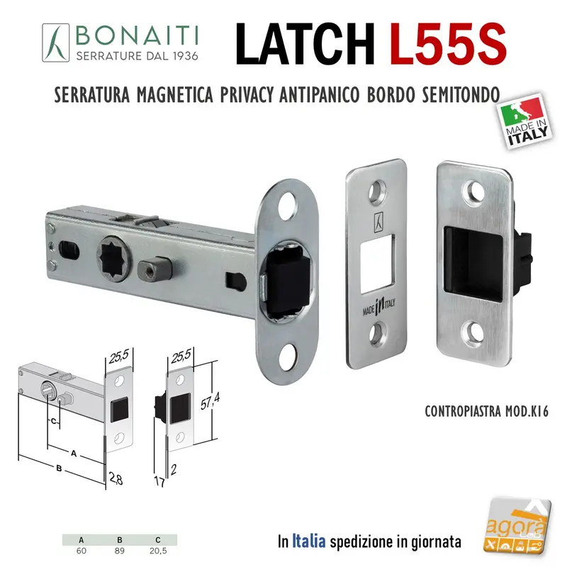 SERRATURA PORTA BONAITI LATCH L55S 12 PRIVACY ANTIPANICO BORDO SEMITONDO FRONTALE 26x57 E60 CROMO SAT