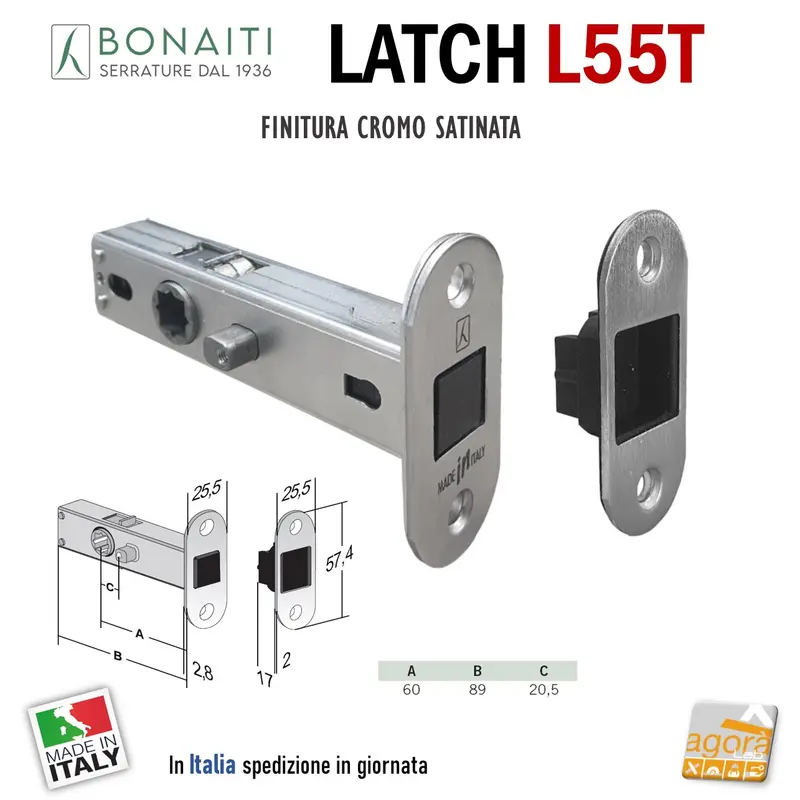 SERRATURA PORTA BONAITI LATCH L55T 12 PRIVACY ANTIPANICO BORDO TONDO FRONTALE 26x57 E60 CROMO SAT