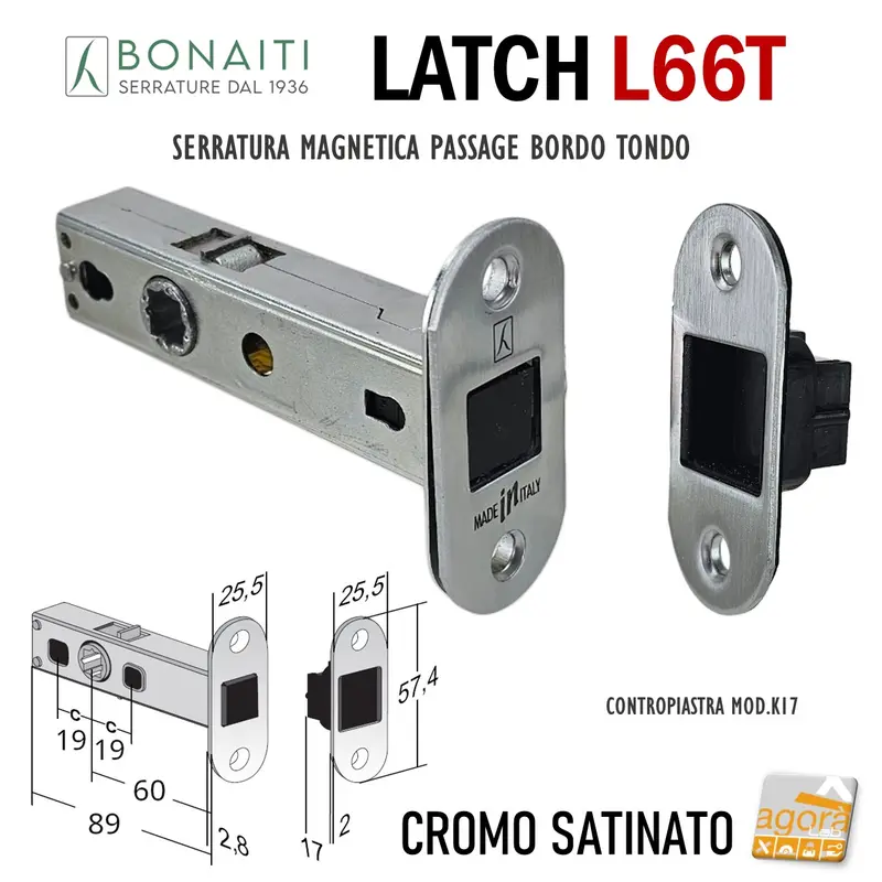SERRATURA PORTA BONAITI LATCH L66T 12 PASSAGE BORDO TONDO FRONTALE 26x57 E60 CROMO SAT