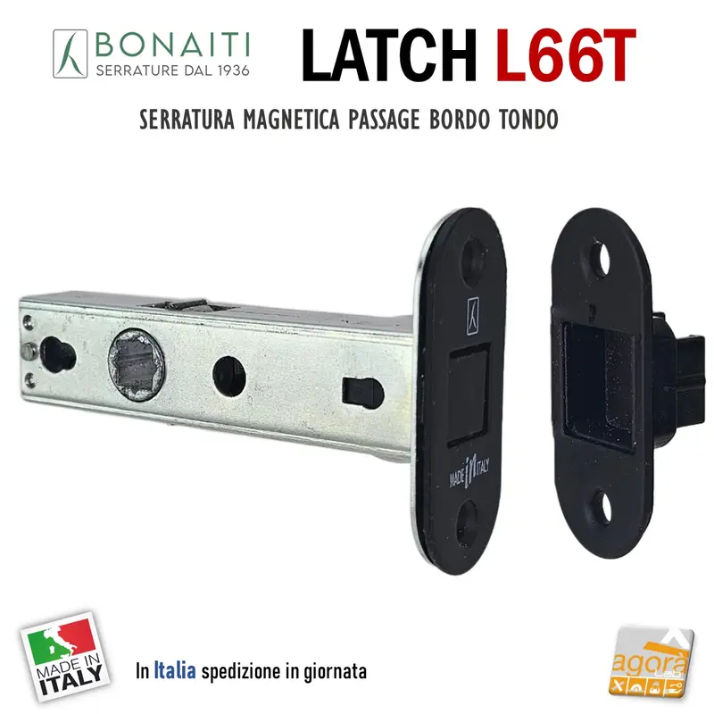 SERRATURA PORTA BONAITI LATCH L66T 12 PASSAGE BORDO TONDO FRONTALE 26x57 E60 NERO