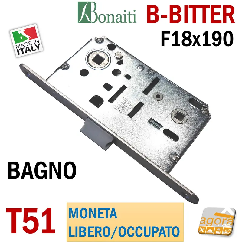 SERRATURA PORTA FRONTALE 18x190 BONAITI B-BITTER T51 CR OP E50 I90 MONETA LIBERO/OCC WC BAGNO