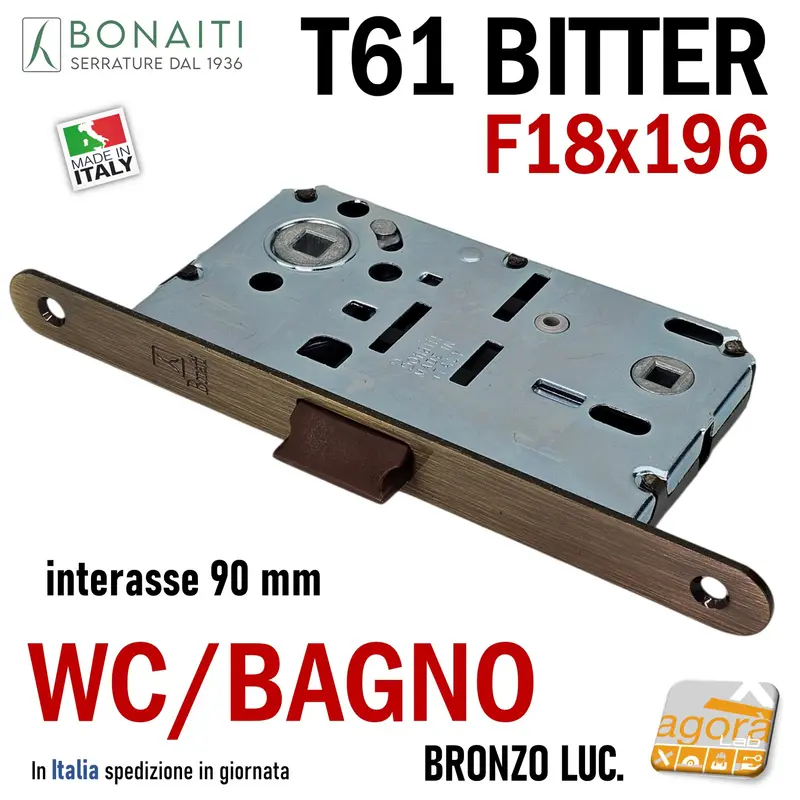 SERRATURA PORTA FRONTALE 18x196 E50 I90 BONAITI B-BITTER T61 BRONZO LUCIDO MONETA LIBERO/OCC WC BAGNO