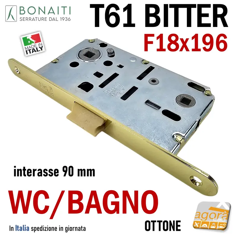 SERRATURA PORTA FRONTALE 18x196 E50 I90 BONAITI B-BITTER T61 OTTONE MONETA LIBERO/OCC WC BAGNO