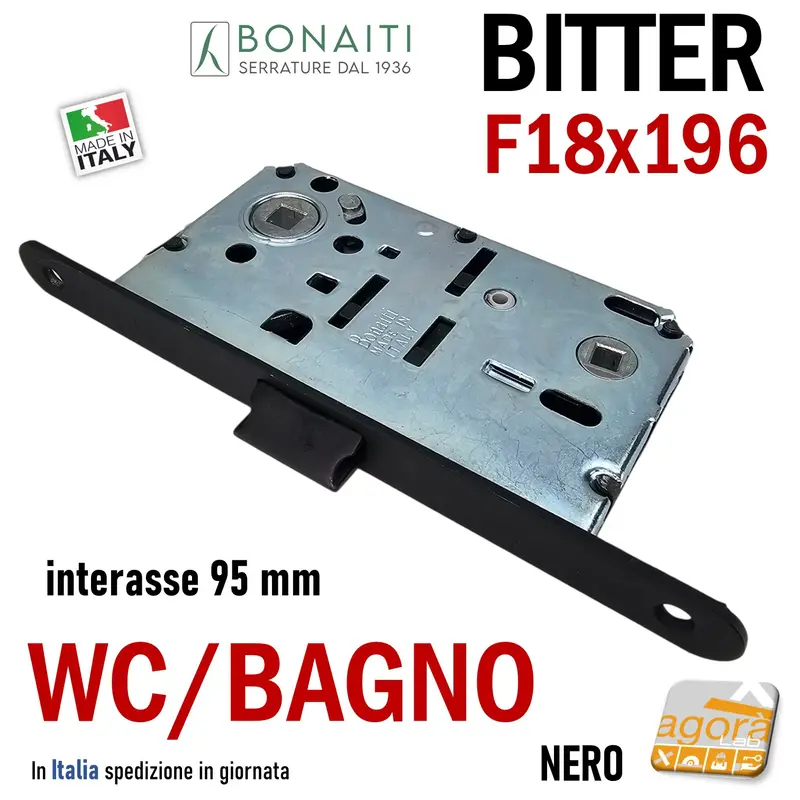SERRATURA PORTA FRONTALE 18x196 E50 I95 BONAITI BITTER T62 NERO WC BAGNO MONETA NERA