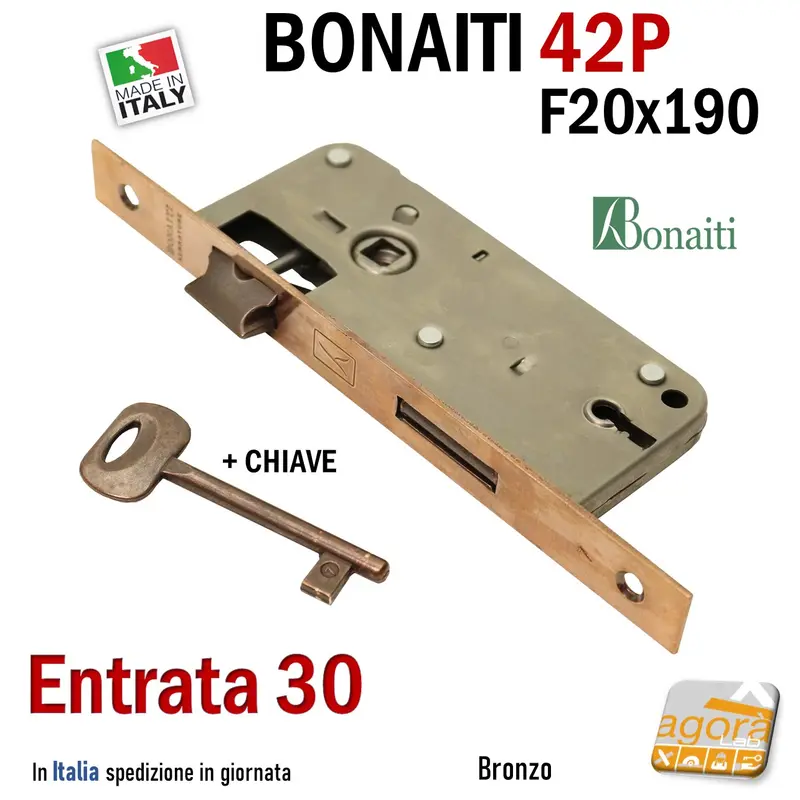 SERRATURA PORTA FRONTALE 20x190mm RETTANGOLARE E30 I70 BONAITI 42P BRONZO PATENT PICCOLA +CHIAVE