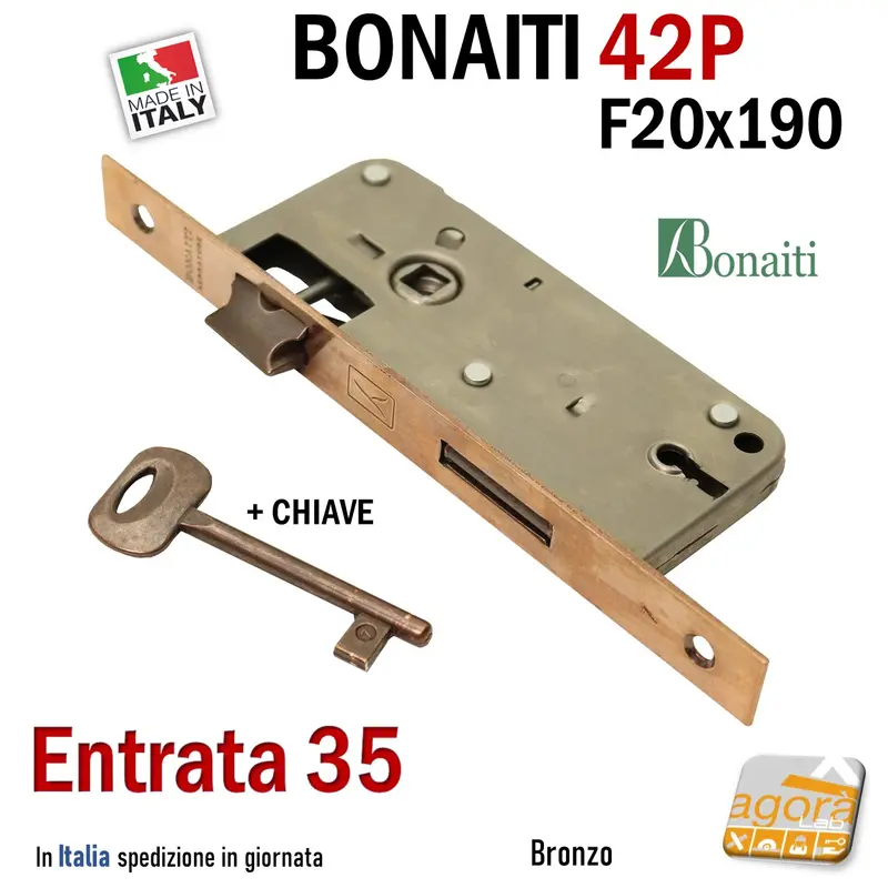 SERRATURA PORTA FRONTALE 20x190mm RETTANGOLARE E35 I70 BONAITI 42P BRONZO PATENT PICCOLA +CHIAVE