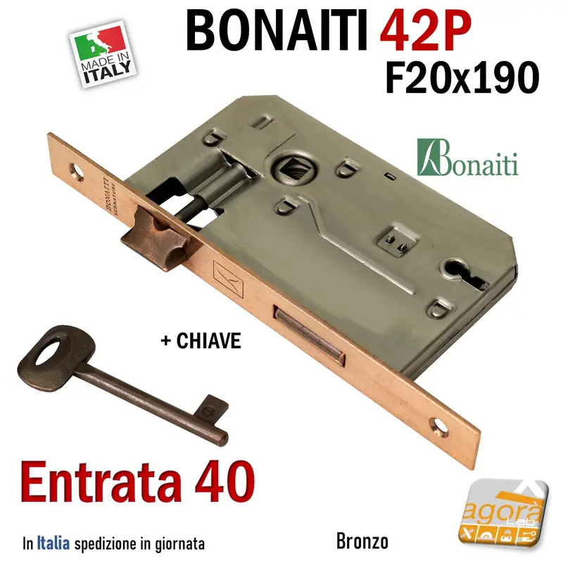 SERRATURA PORTA FRONTALE 20x190mm RETTANGOLARE E40 I70 BONAITI 42P BRONZO PATENT PICCOLA +CHIAVE