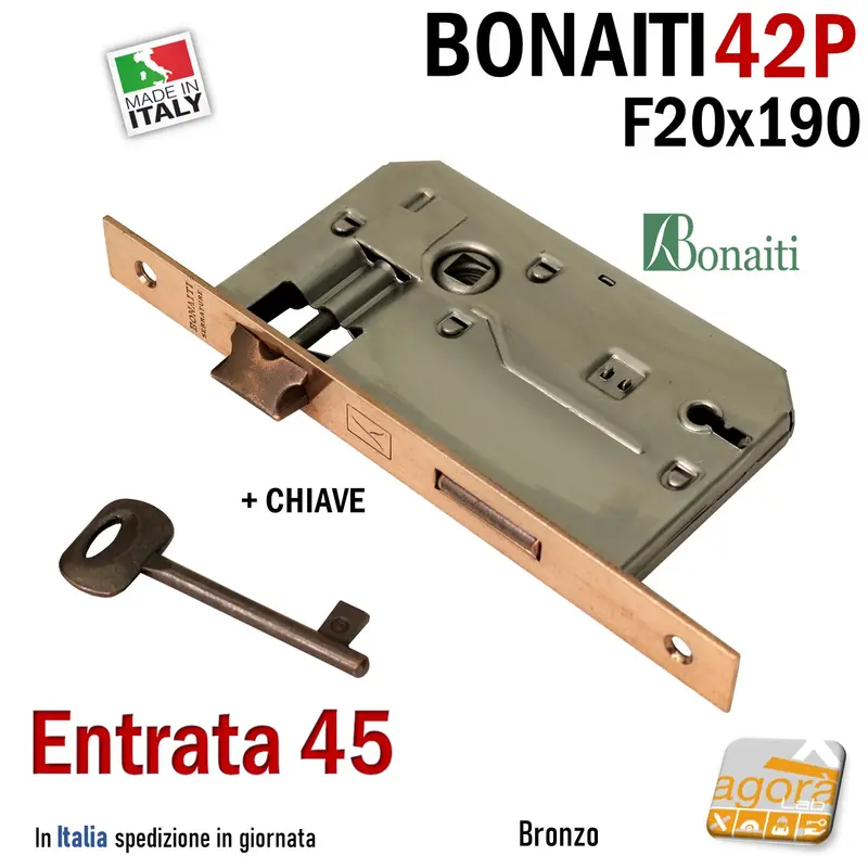 SERRATURA PORTA FRONTALE 20x190mm RETTANGOLARE E45 I70 BONAITI 42P BRONZO PATENT PICCOLA +CHIAVE