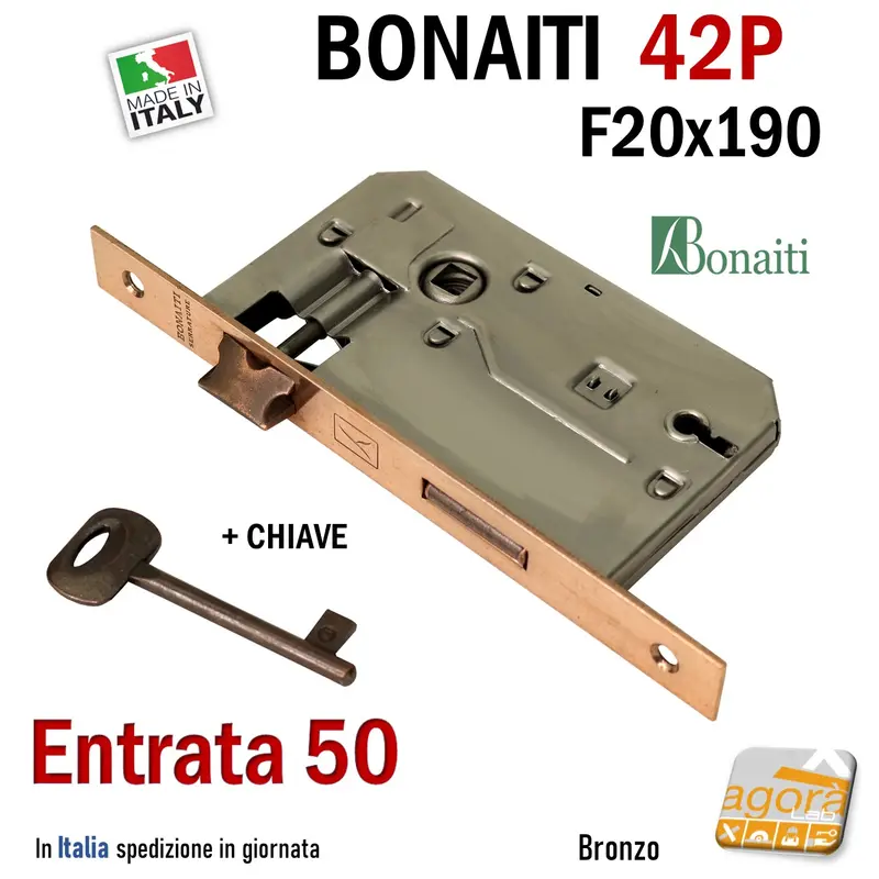 SERRATURA PORTA FRONTALE 20x190mm RETTANGOLARE E50 I70 BONAITI 42P BRONZO PATENT PICCOLA +CHIAVE