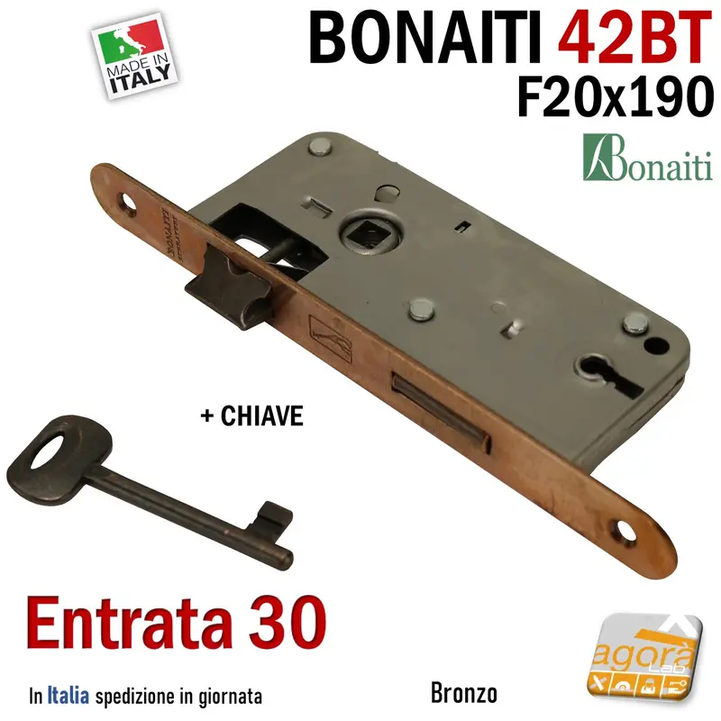 SERRATURA PORTA FRONTALE 20x190mm TONDO E30 I70 BONAITI 42T BRONZO PATENT PICCOLA +CHIAVE