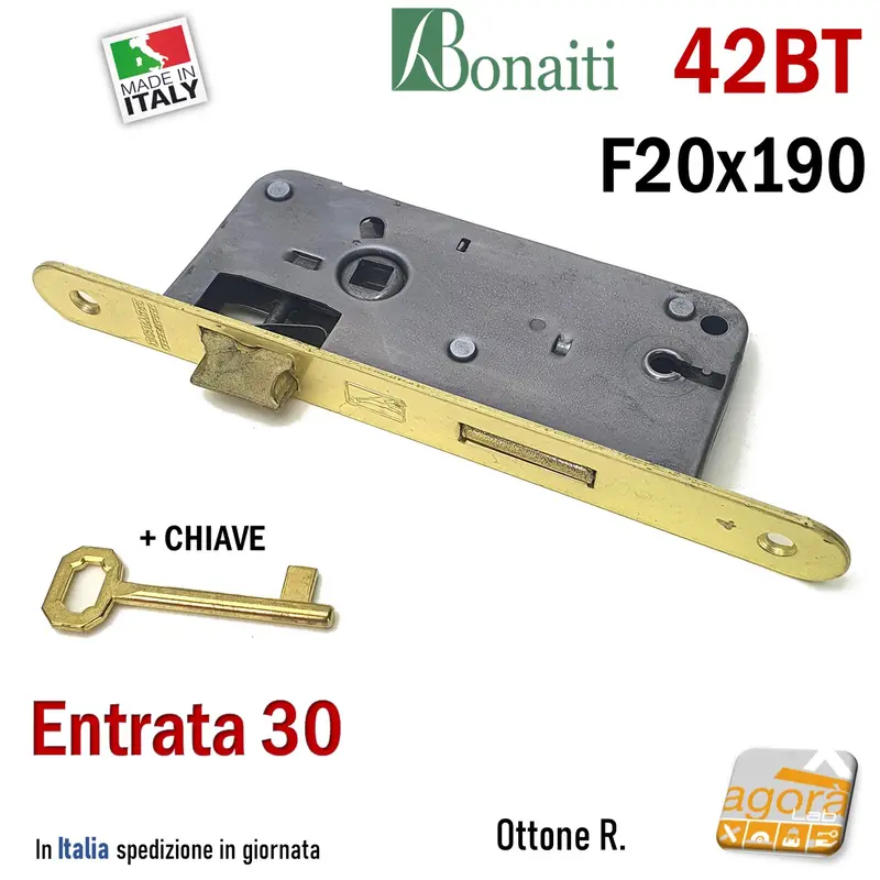 SERRATURA PORTA FRONTALE 20x190mm TONDO E30 I70 BONAITI 42T OTTONE PATENT PICCOLA +CHIAVE