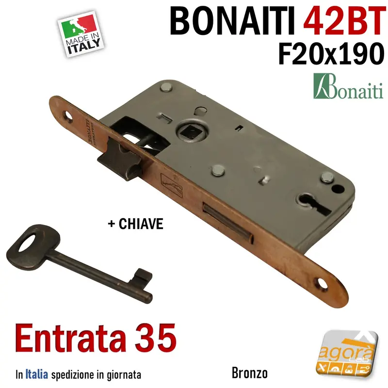 SERRATURA PORTA FRONTALE 20x190mm TONDO E35 I70 BONAITI 42T BRONZO PATENT PICCOLA +CHIAVE