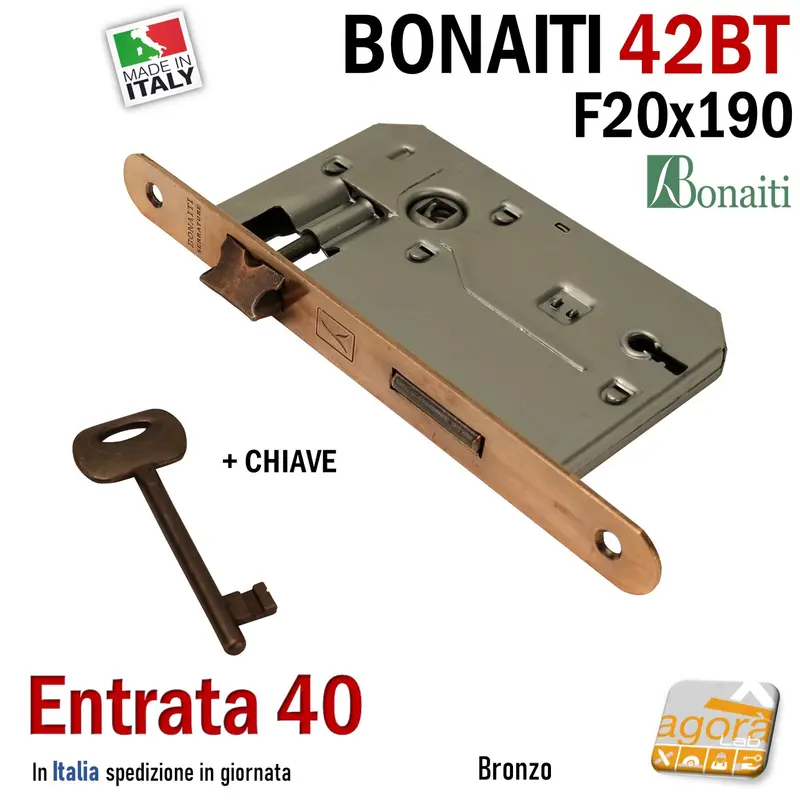 SERRATURA PORTA FRONTALE 20x190mm TONDO E40 I70 BONAITI 42T BRONZO PATENT PICCOLA +CHIAVE